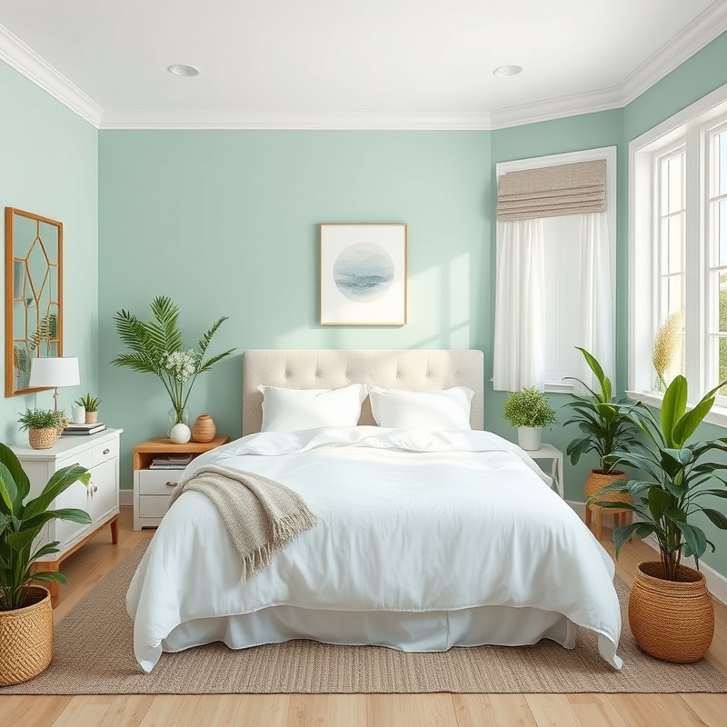 seafoam green bedroom with plants and white bedding