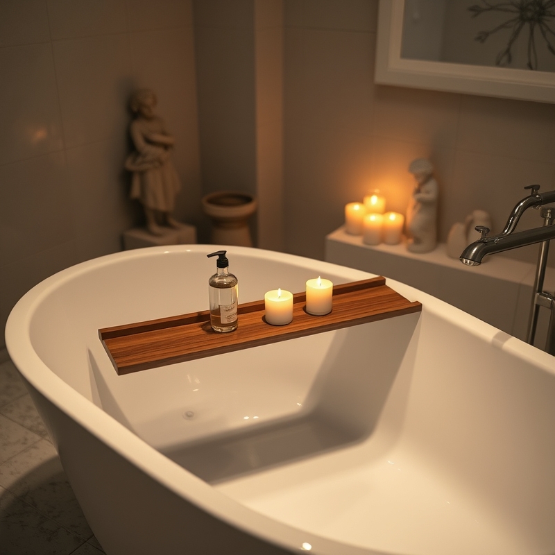 deep soaking tub with wooden caddy holding bath salts