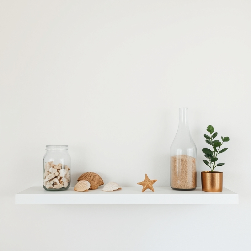 minimalist shelf with seashells, sand in glass jar, and small plant