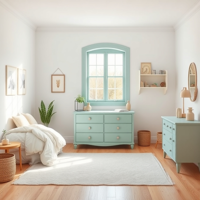 mint green window trim in white bedroom