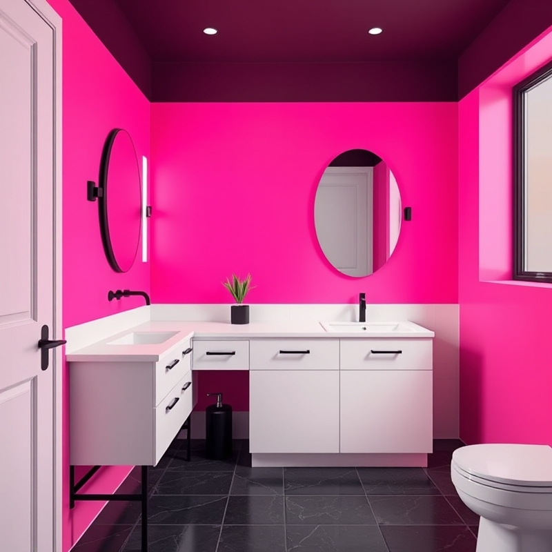 neon pink wall behind bathroom sink