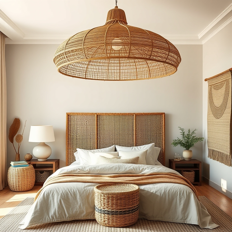 Bedroom featuring raffia lighting and woven accessories