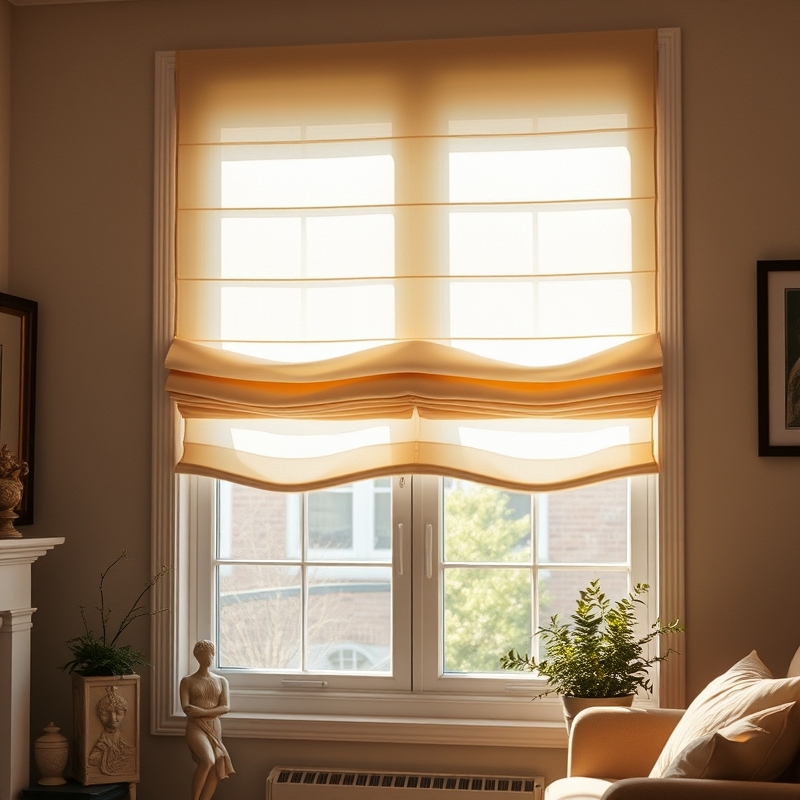 Gauzy white Roman shades on living room window