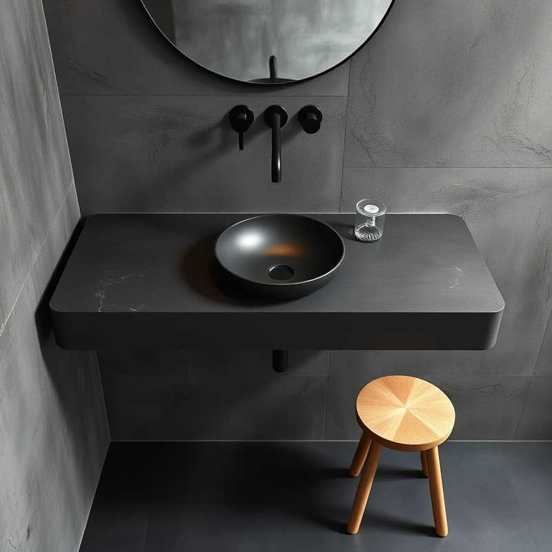 dark concrete integral sink on black vanity