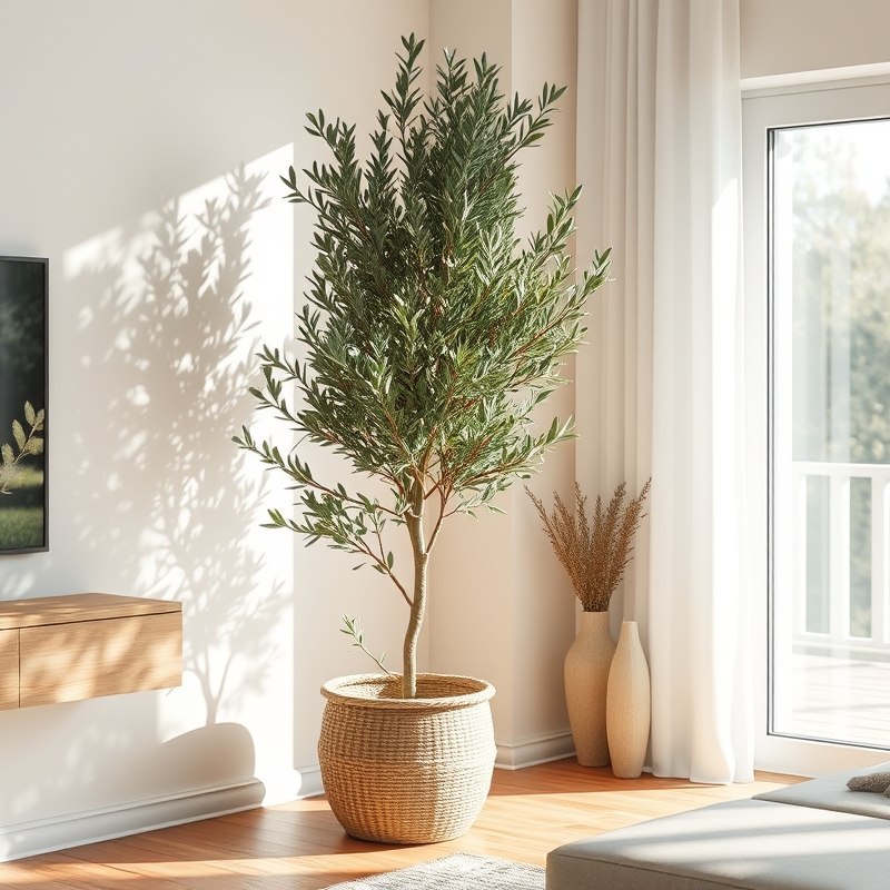 tall olive tree in woven basket in modern living room corner