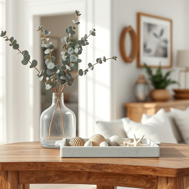 console table with glass vase and seashells in coastal living room