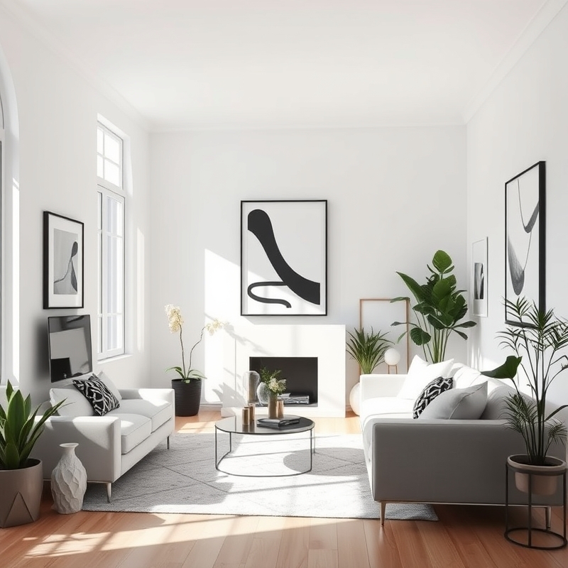 Monochromatic art on white walls in a living room