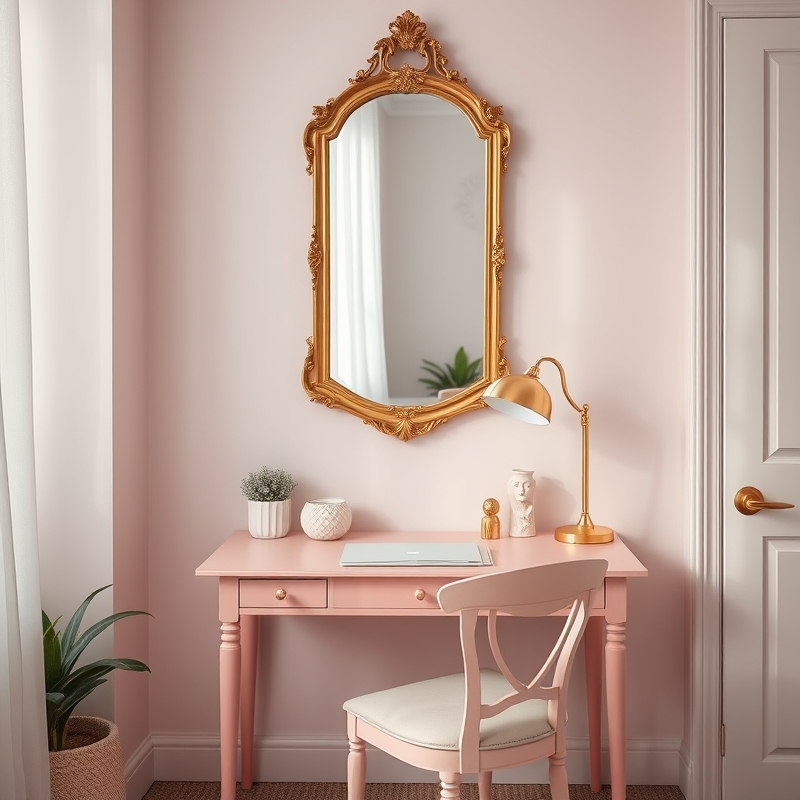 Small pink desk with a gold mirror above it