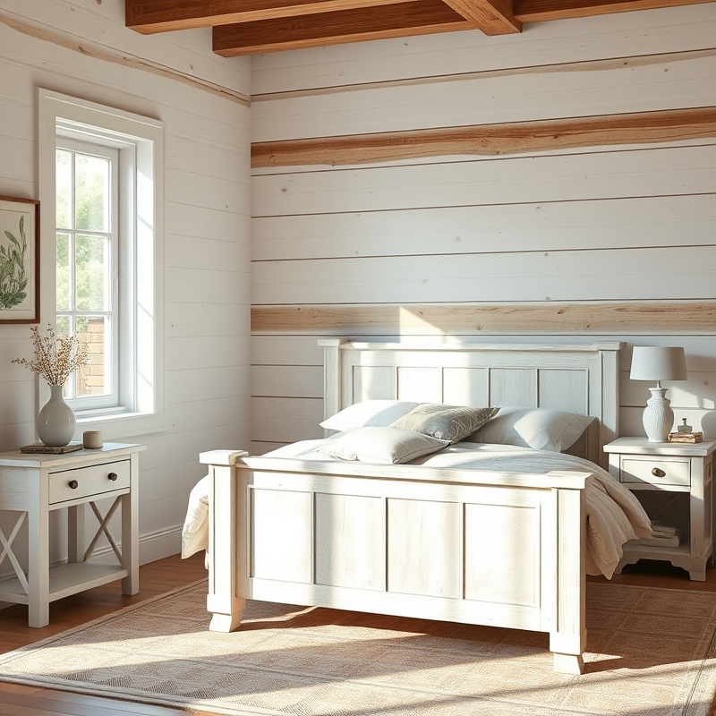 bedroom with whitewashed wood bed frame and nightstand