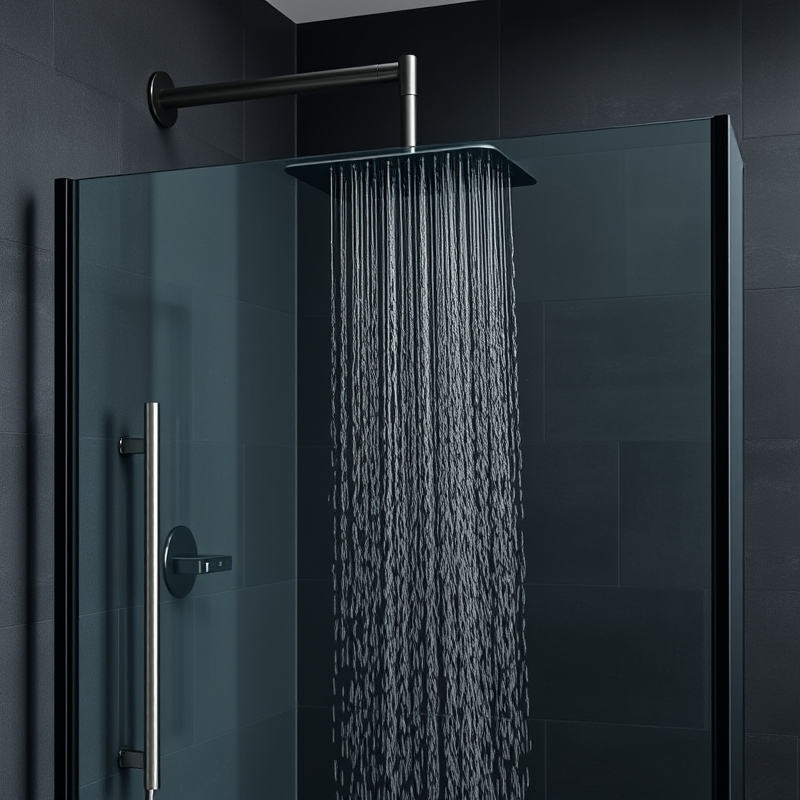 gunmetal rain showerhead in dark tiled bathroom