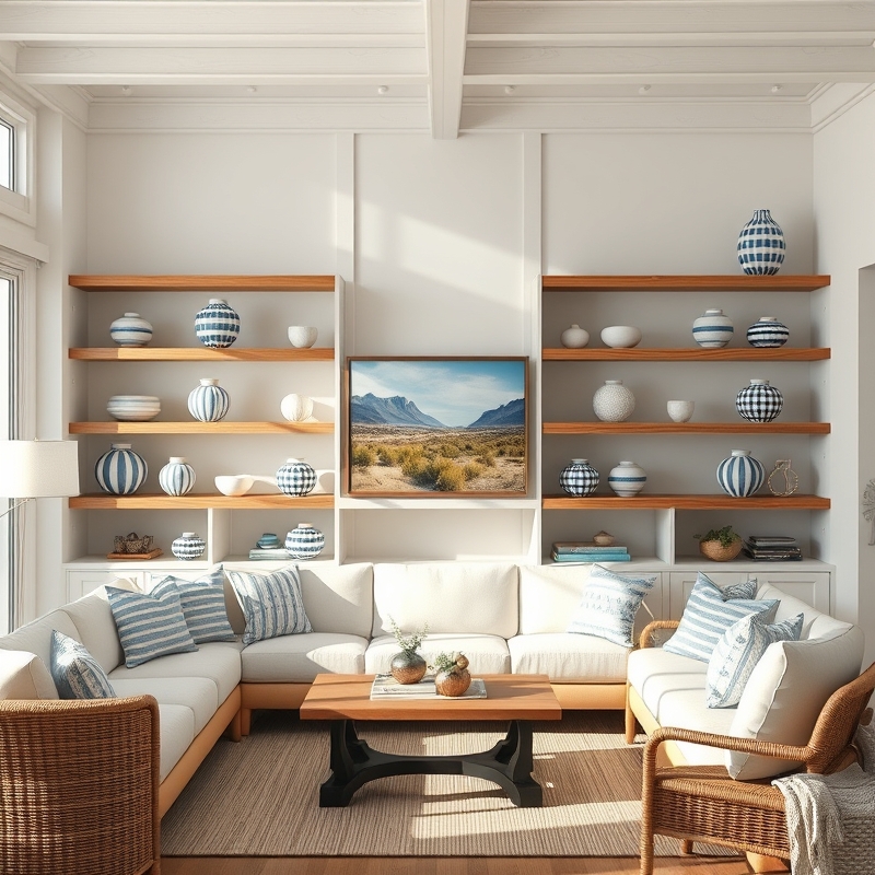 open shelves with striped ceramic vases in coastal living room