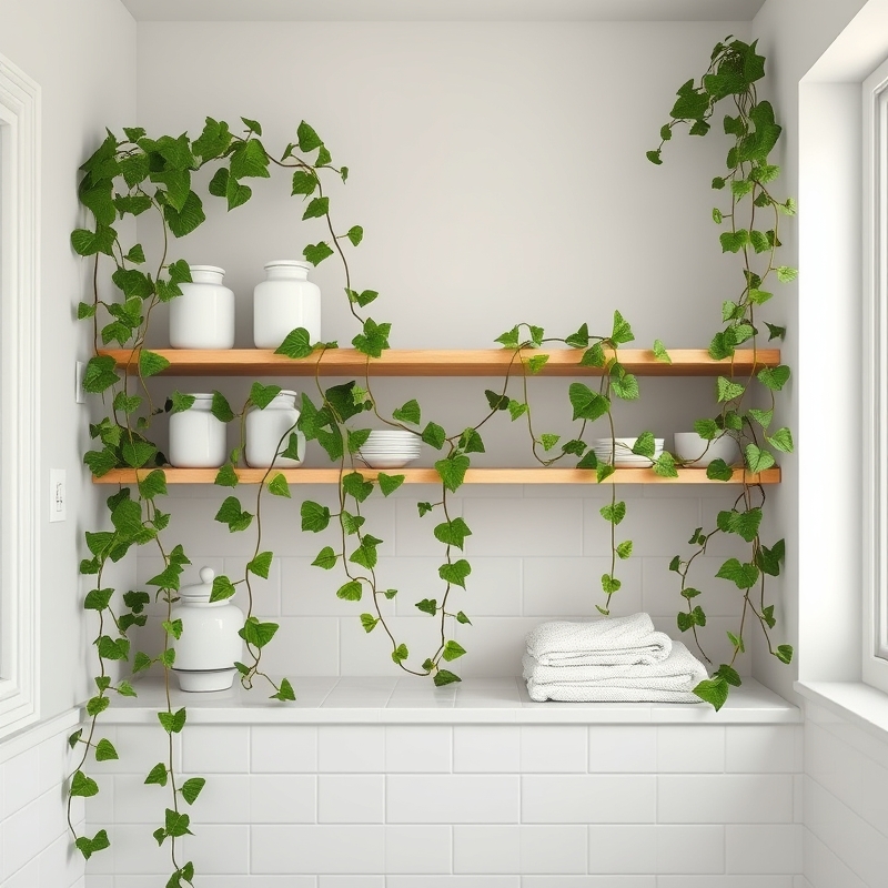 open shelves with trailing ivy plants in a bathroom