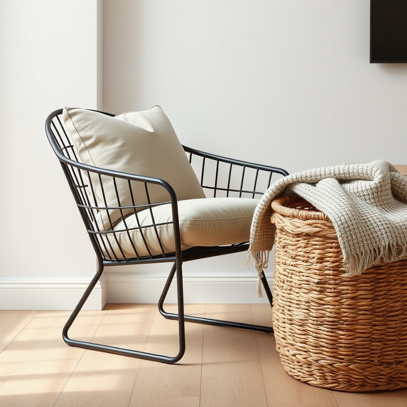 black metal chair and wicker basket in a bright room