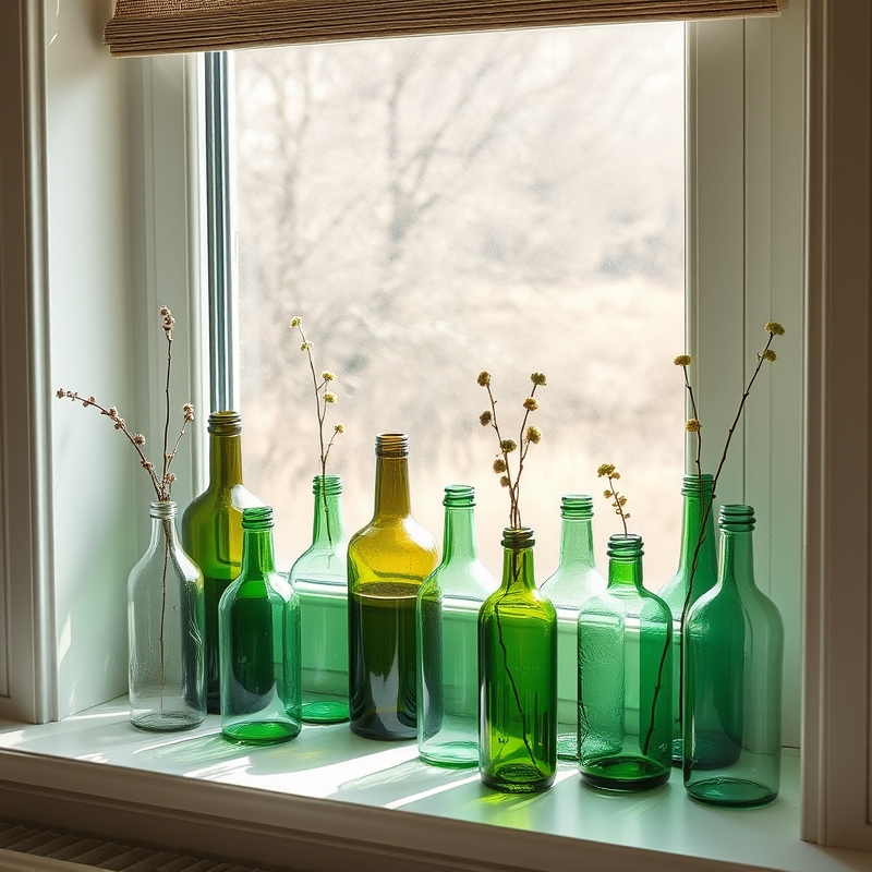 A collection of vintage glass bottles in various green shades