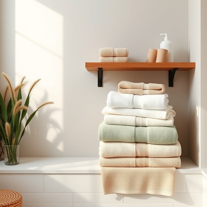 stacked towels in soft earthy tones on bathroom shelf