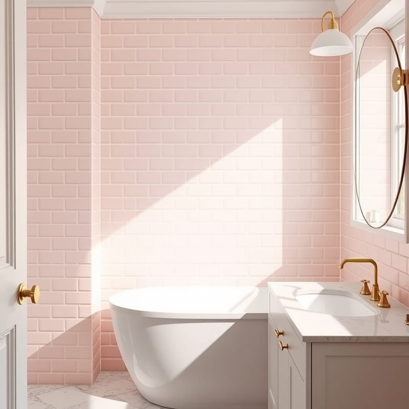 blush pink subway tile backsplash in bright bathroom