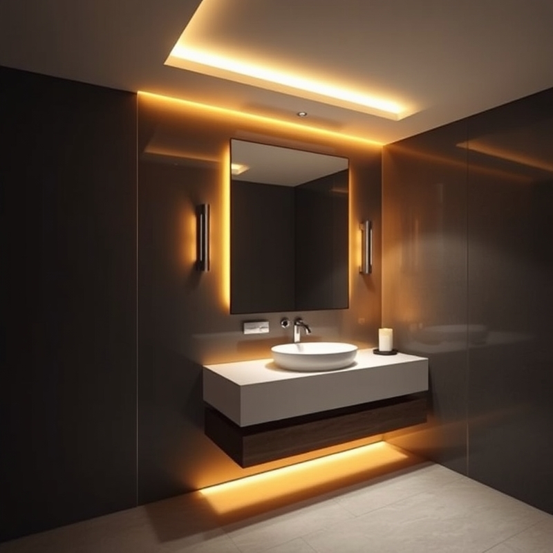 moody bathroom with layered lighting dimmers strip light candles