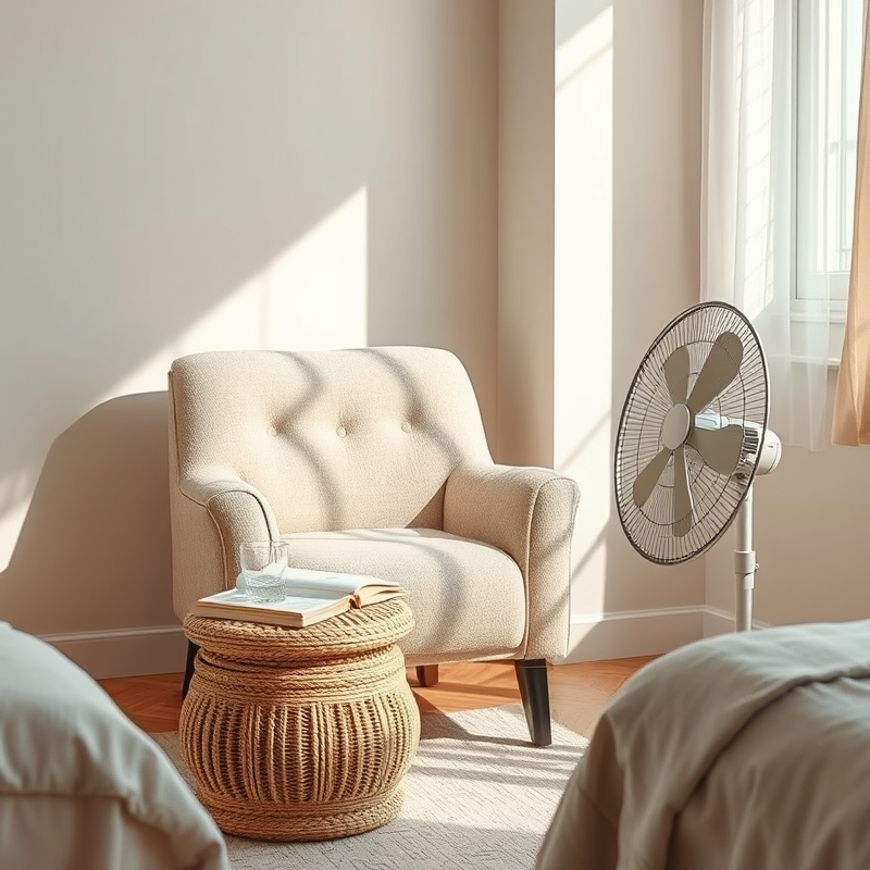 A cozy chair and stool set up as a cooling corner in a bedroom