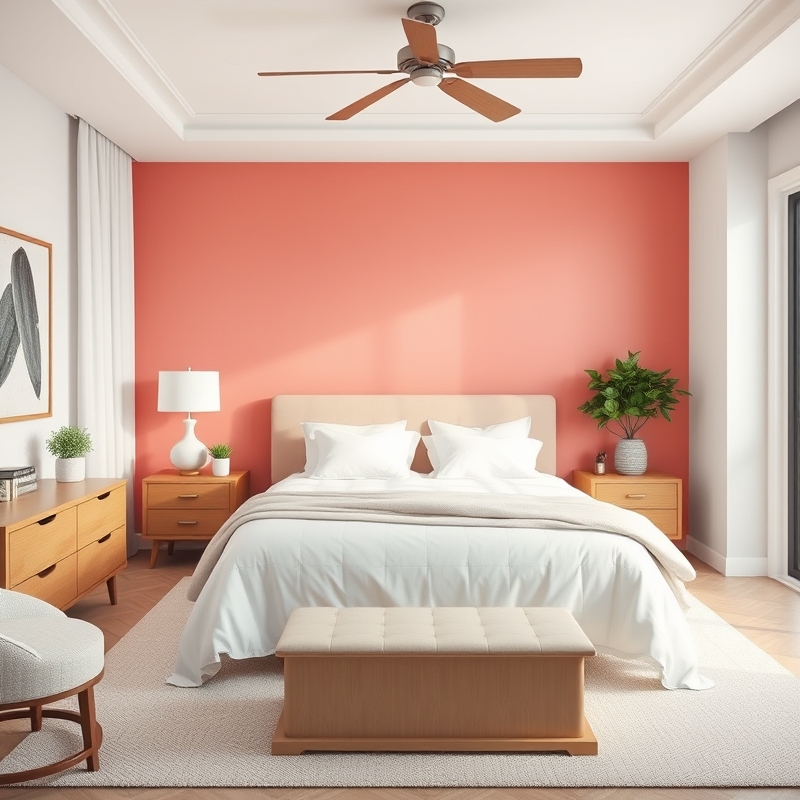coral pink accent wall in neutral bedroom