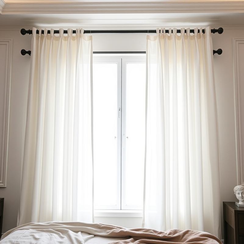 A window with flowing white sheer curtains and hidden blackout liners