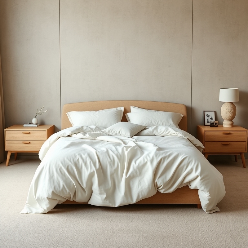 Bedroom with linen bedding and light wood furniture