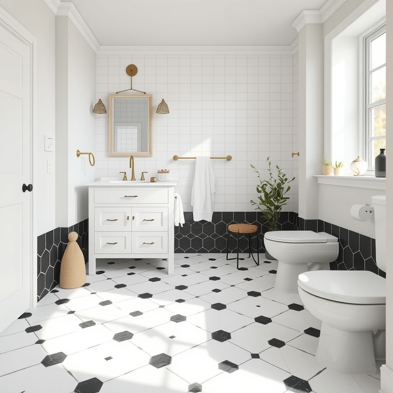 bathroom floor with patterned peel and stick tiles