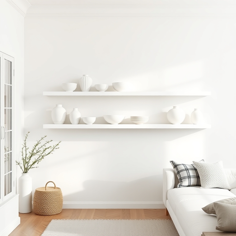 floating shelves with white ceramic decor in coastal living room