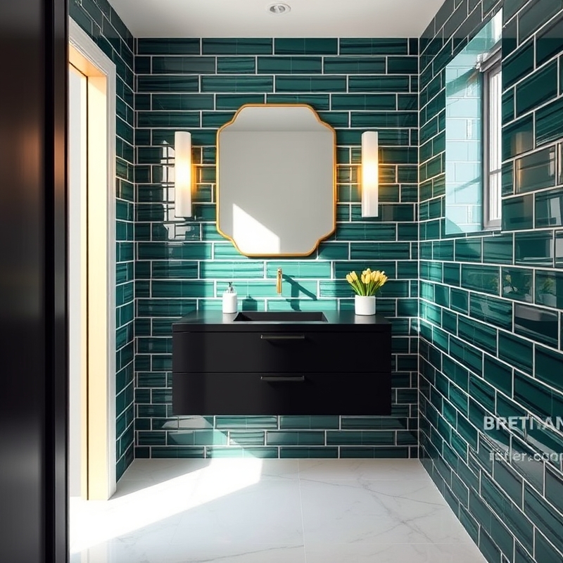 emerald green tile bathroom wall with black vanity