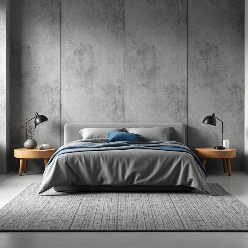 Bedroom in shades of grey, stone, and slate