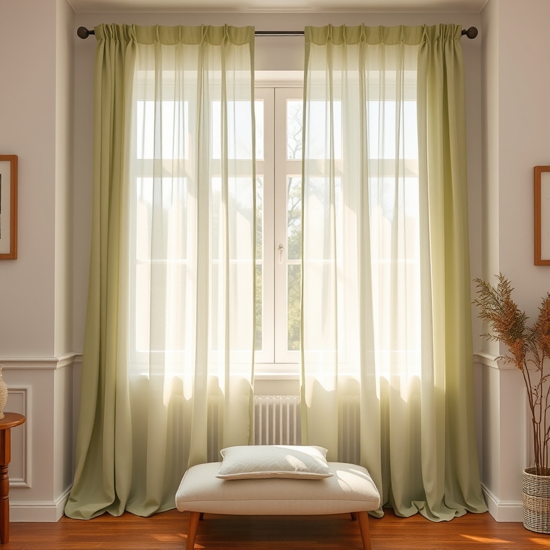 Sheer curtains in a soft avocado green hue