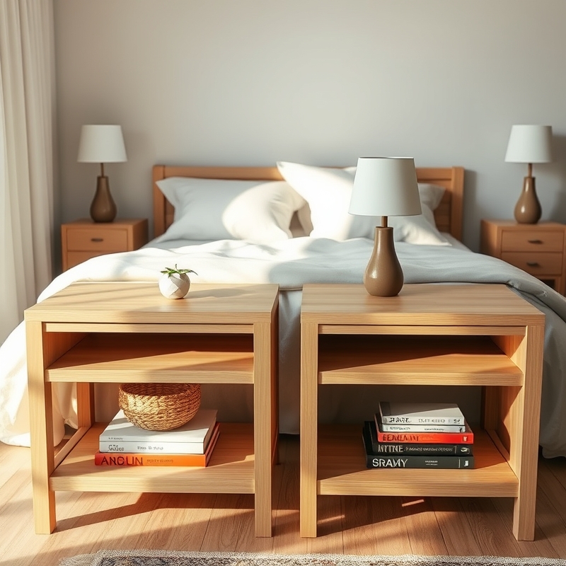 Modern nightstands with open lower shelves holding baskets and books
