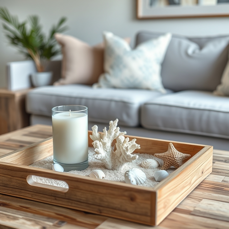 wooden tray with coral and candles in coastal living room