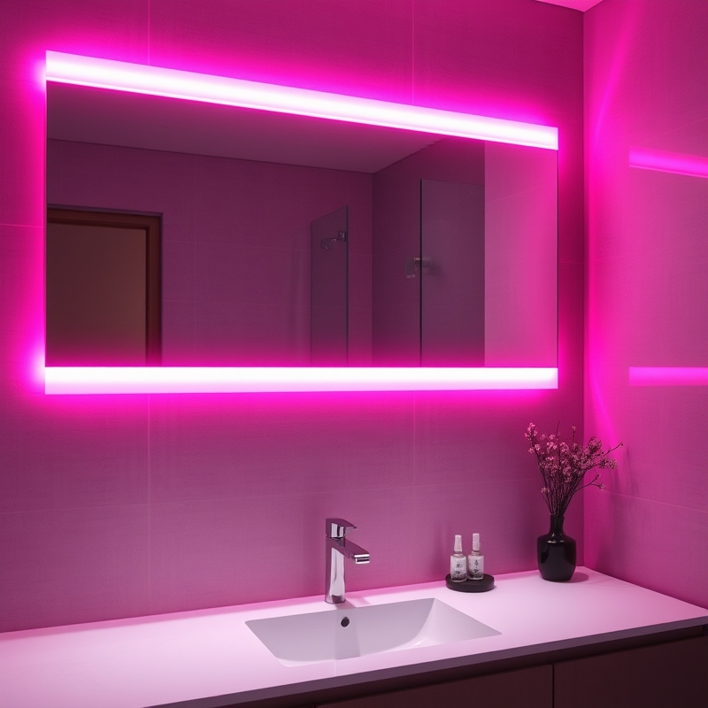 pink LED light strip behind bathroom mirror