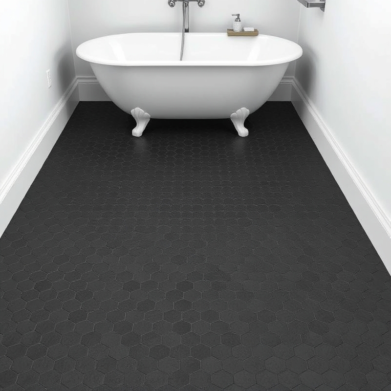 textured black hexagon floor tiles in bathroom