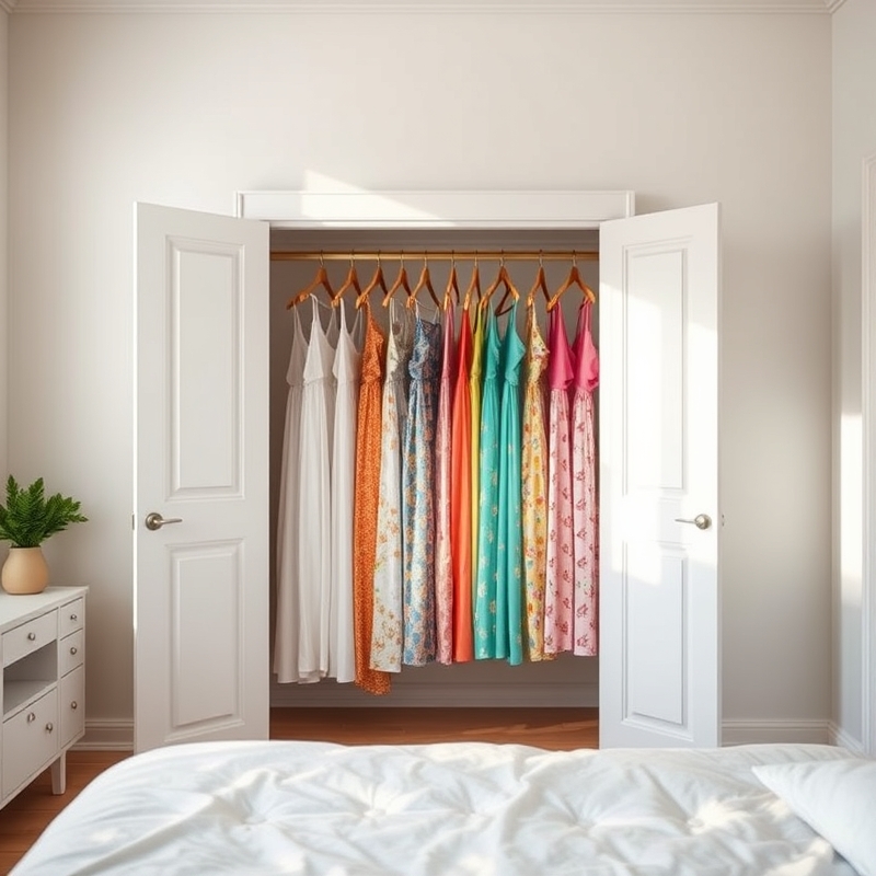 bedroom with open wardrobe displaying colorful summer dresses