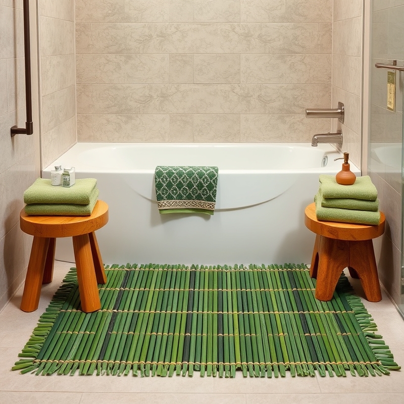 bathroom with bamboo mat and sage towels