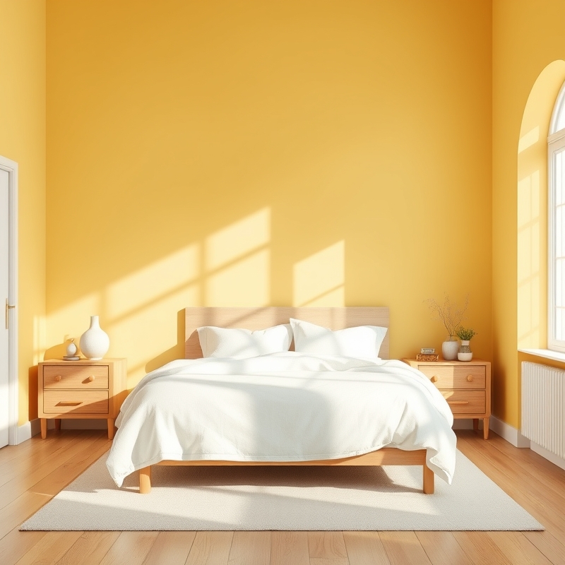 sunny yellow bedroom with white linens