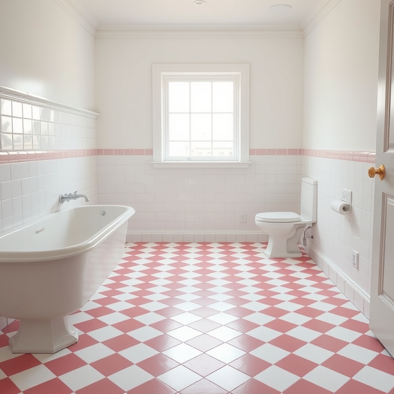 pink and white checkerboard floor tiles in bathroom