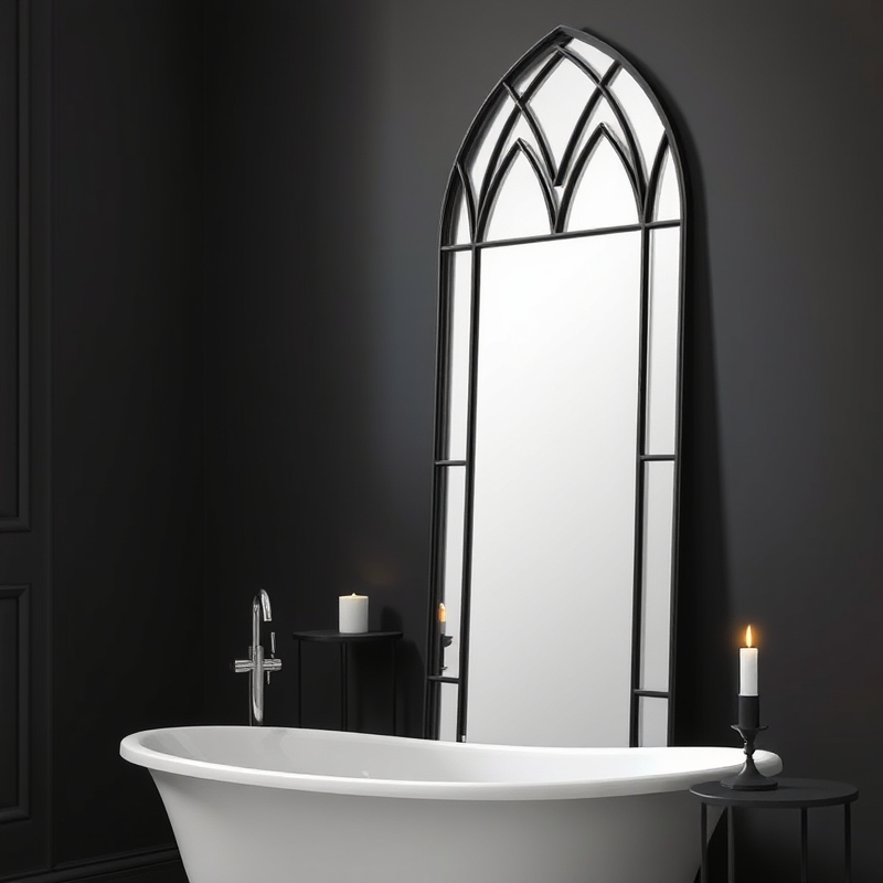gothic arch mirror in moody bathroom