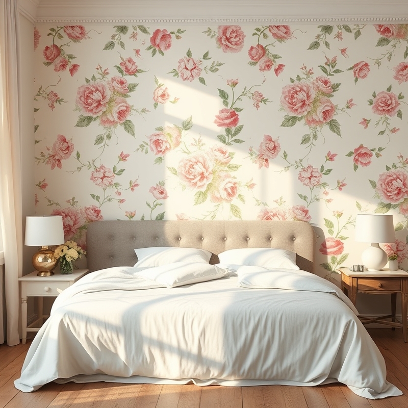 bedroom with vintage floral wallpaper accent wall behind bed