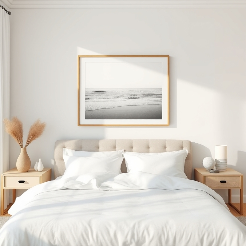 framed beach print on a bedroom wall above a bed