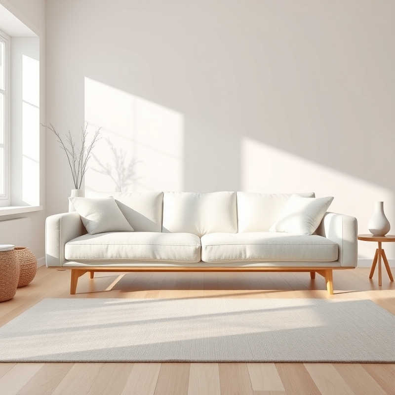 sleek white sofa with slim wooden legs in bright living room