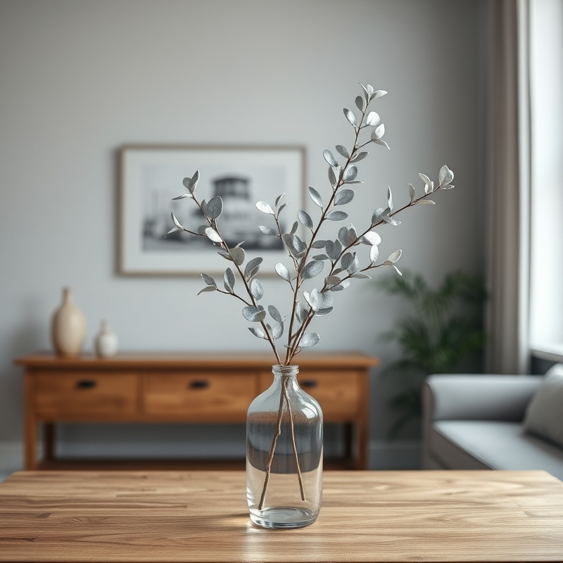 Branch of eucalyptus in clear vase on table