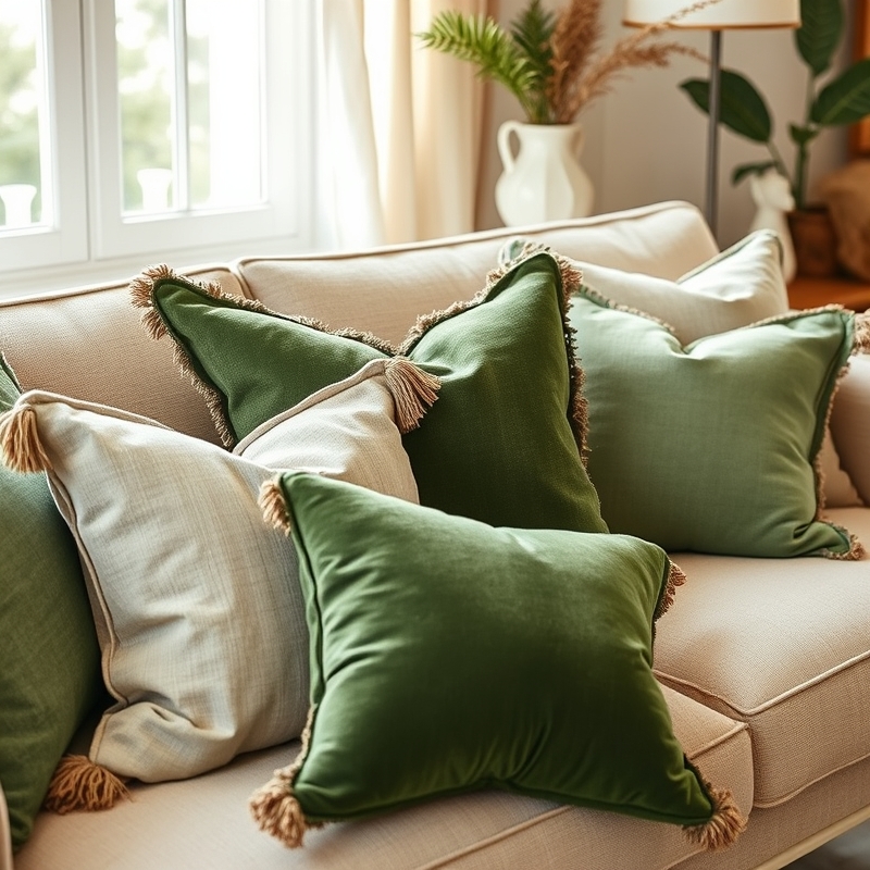 Throw pillows in green fabrics with jute details