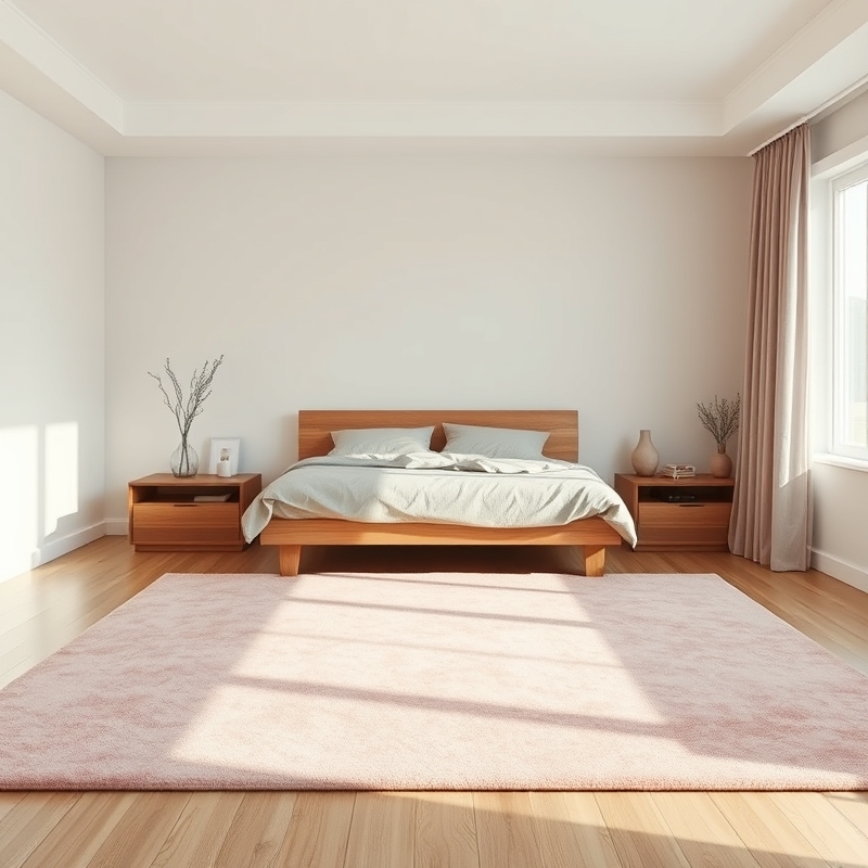 Pink area rug under a bed in a bright bedroom