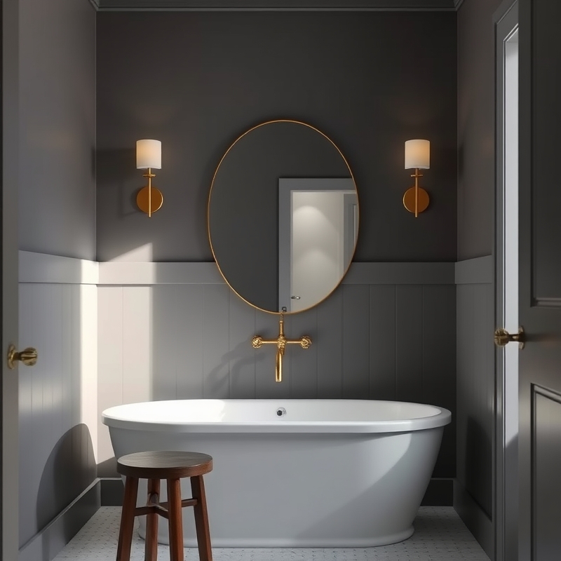 slate gray bathroom with aged brass faucet and towel rack
