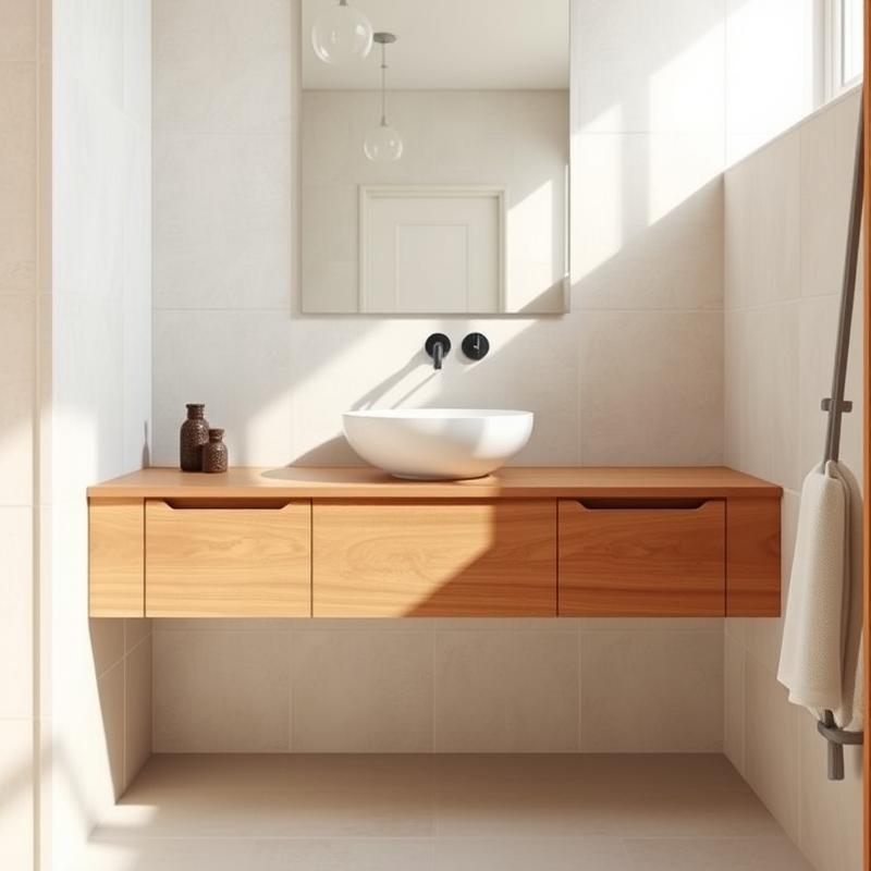 modern bathroom with wall mounted wooden vanity hovering above floor