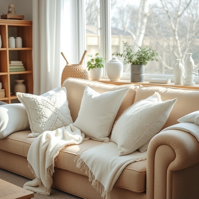 Sofa with layered white textiles in a living room