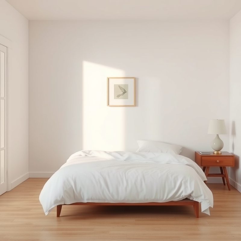 sparse bedroom with only essential furniture and one piece of wall art