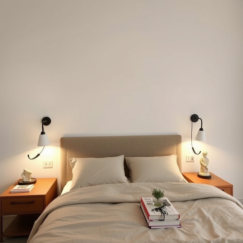 Bedroom with plug-in wall sconces freeing up nightstands
